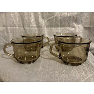 4 Vintage Arcoroc France Retro Smoked Glass Brown Coffee Mugs Tea Cups 70s